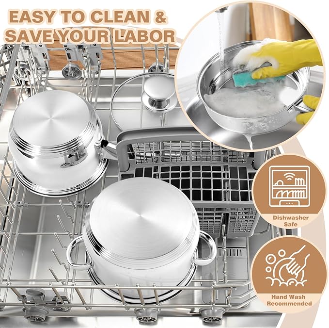 Walchoice 8-Piece Stainless Steel Cookware Set Kitchen Pots and Pans Set with Glass Lid for Cooking Kitchen Cookware Set with Utensils Induction &amp Dishwasher Safe Silver