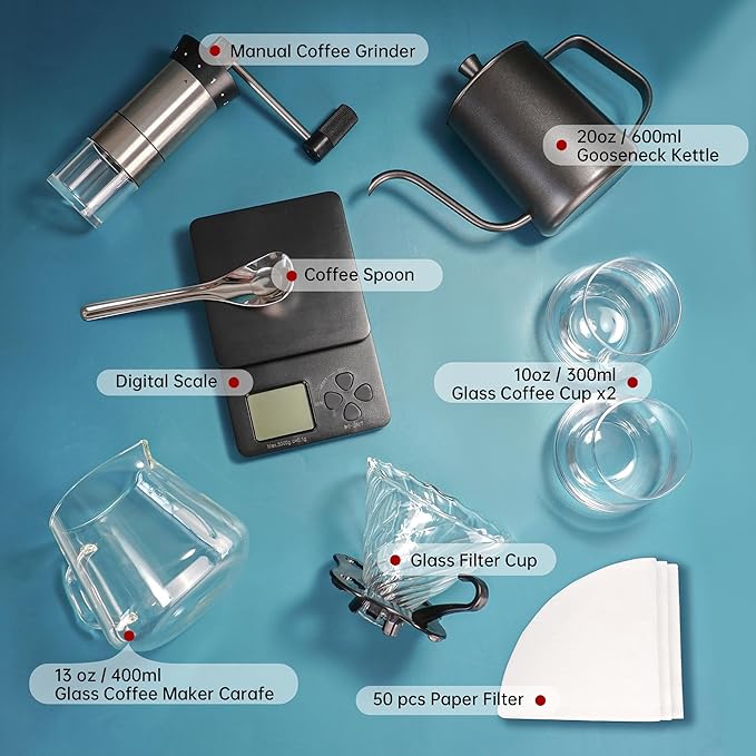 SuperCook Hand Drip Pour Over Coffee Set All in One Includes Gooseneck Kettle V60 Glass Dripper Paper Filter Cups Manual Grinder Scale Ideal for Anniversary Birthday Gift
