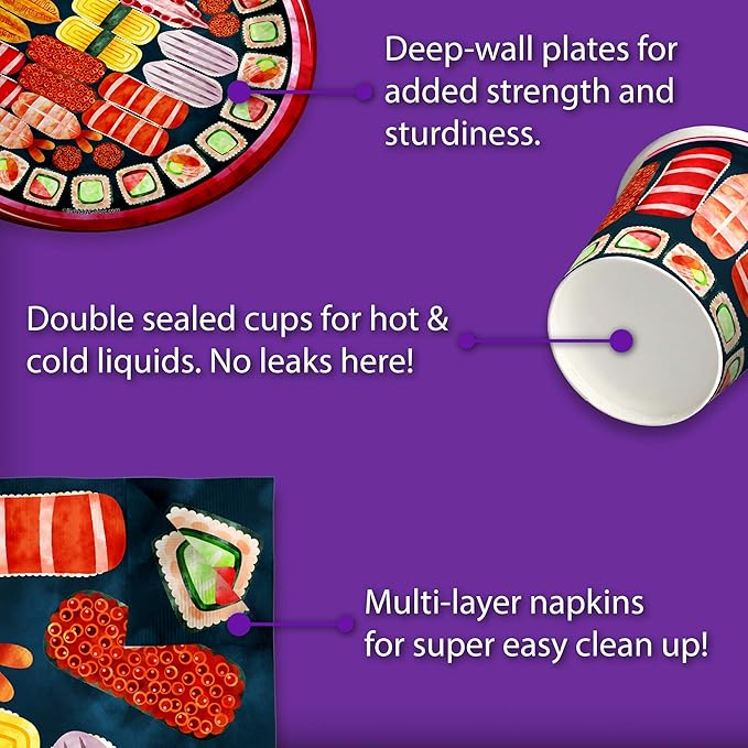 Sushi Birthday Party Supplies Set Plates Napkins Cups Tableware Kit for 16
