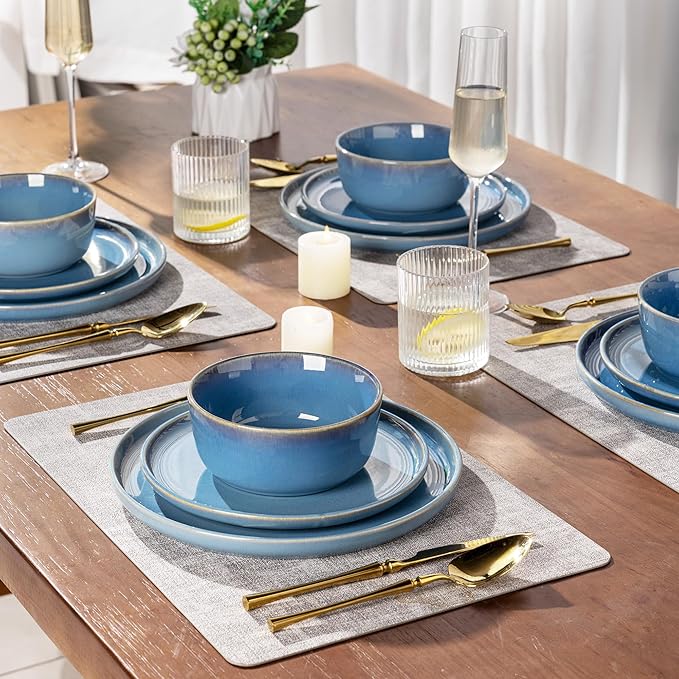 GBHOME Ceramic Dinnerware Sets for 4 12 Pieces Stoneware Plates and Bowls Sets Reactive Glaze Dishes -Scratch Resistant Dishwasher&ampMicrowave Safe-Alaskan Blue