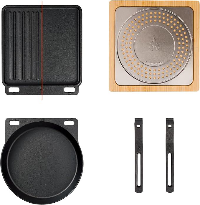 Solo Stove Pi Cast Iron 3-Piece Cookware Set | Incl. Round Skillet (305 cm) Reversible Grill/Griddle (292 x 33 cm) 2 Removable Handles Bamboo/Stainless Steel Base for Protection