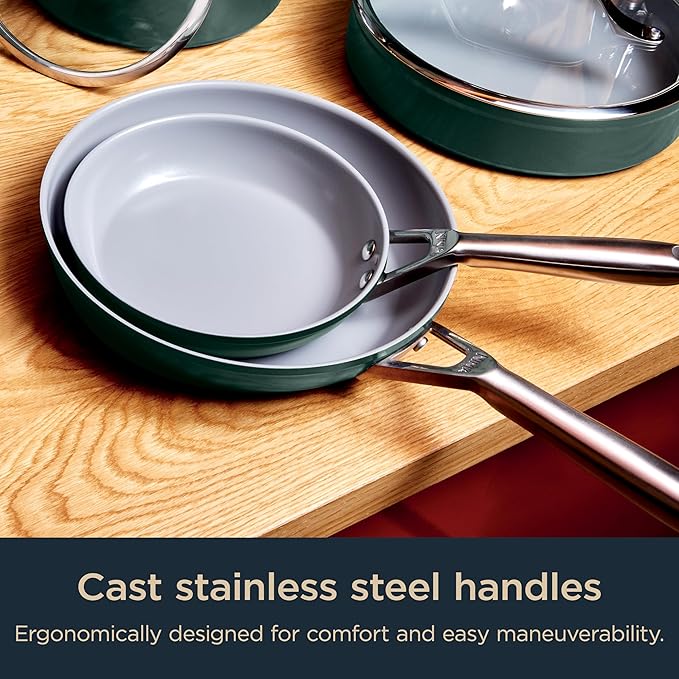 Ninja Ceramic Pro 11Piece Cookware Set NonStick Pots &amp Pans Set with Glass Lids Nontoxic PTFE Free Ceramic Coated Oven Safe All Stovetops &amp Induction Compatible British Racing Green CW