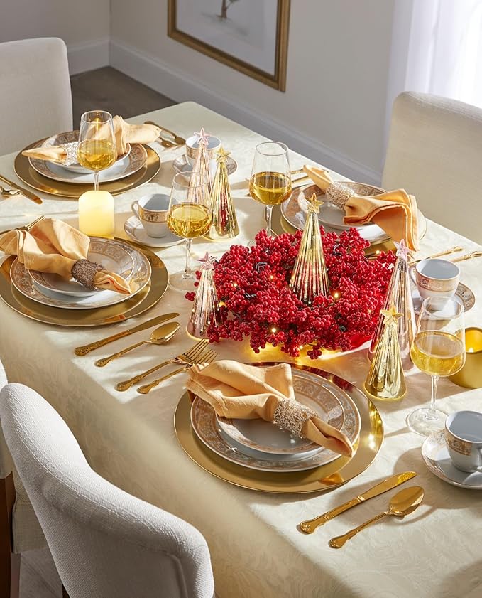 BrylaneHome 40 Piece Medici Porcelain Dinnerware Set (Service For 8) Includes Dinner &amp Dessert Plates Bowls Cups &amp Saucers Elegant Gold Rim Pattern - Gold White