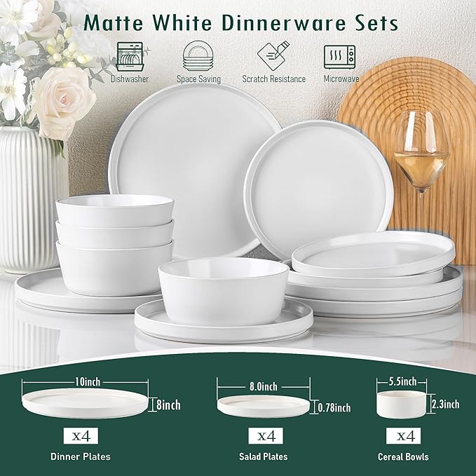 AmorArc Ceramic Dinnerware Sets for 4Stoneware Plates and Bowls SetsChip and Crack Resistant | Dishwasher &amp Microwave Safe Ceramic DishesService for 4 (12pc)-White