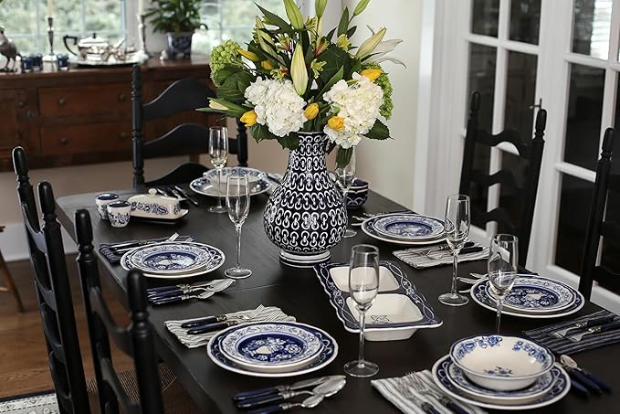 Euro Ceramica Blue Garden 16 Piece Oven Safe Hand Painted Stoneware Dinnerware Set Service for 4 Bold Vase Design/Floral Pattern White and blue