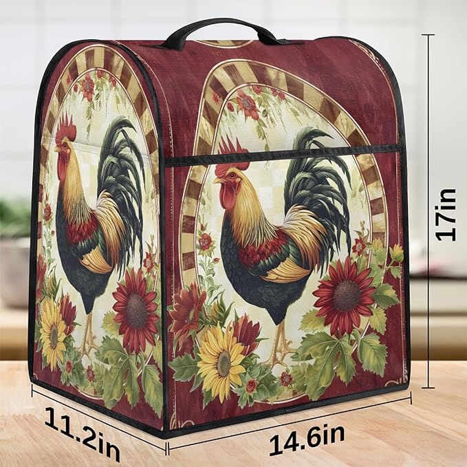 Kitchen Aid Mixer Cover Rooster Chicken Flower Vintage Stand Mixer Cover Compatible with 6-8 Quarts Stand Mixers Dust Covers with Zipper Pocket Foldable Washable Kitchen Aid Organizer Bag