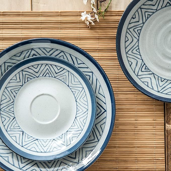 Stylish Dinner PlatesPorcelain Dinnerware Sets 28 Pieces Ceramics Dinner Combination Set | Hand Painted Blue and White Lines Cereals Bowls and Steak Plates Sets
