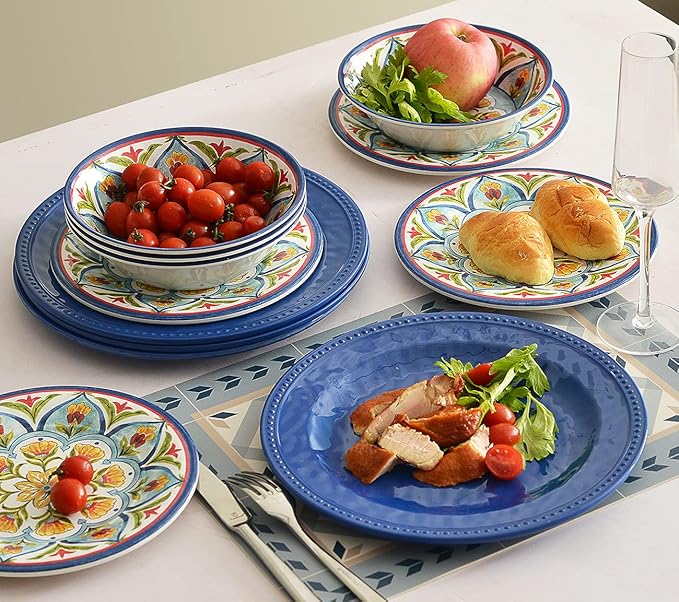 Melamine Dinnerware Sets 12Pcs Durable Plates and Bowls for 4 Lightweight Dishes Dinnerware Sets for Indoor and Outdoor Use Dishwasher Safe BPA free (Retro Style)
