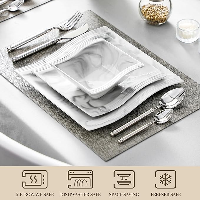 MALACASA Plates and Bowls Set 12-Piece Modern Porcelain Dinnerware for 4 Marble Square Ceramic Dish Set Microwave and Dishwasher Safe Flora Series