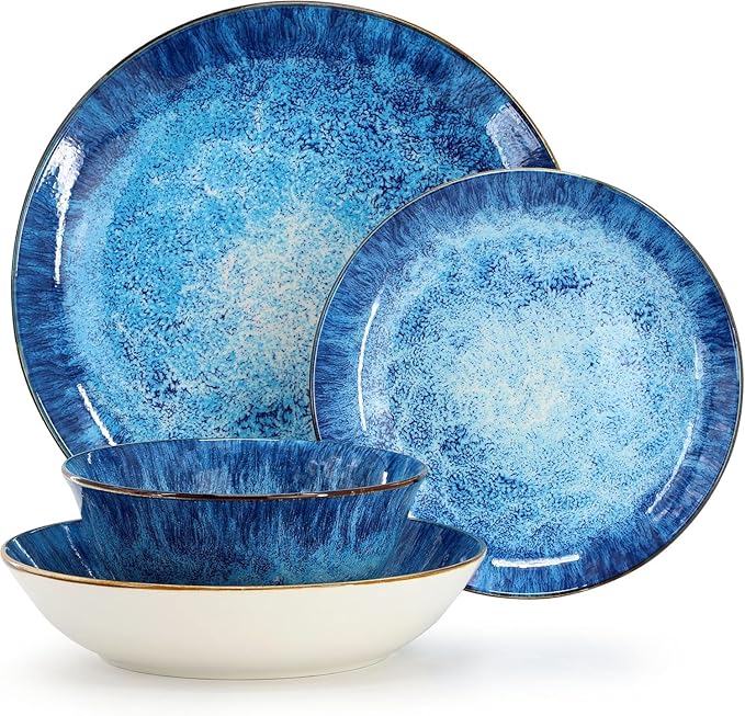 16‑Piece Porcelain Dinnerware Set in Green Double Bowl Design with Dinner Plates Salad Plates and Bowls Dishwasher &amp Microwave Safe (Blue)