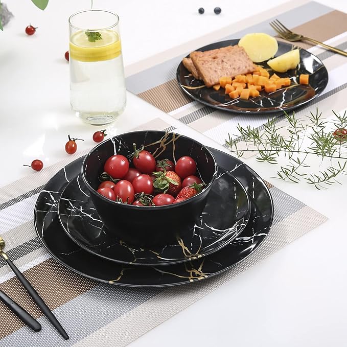Melamine Dinnerware Set - 12pcs Plates and Bowls Sets Best for Indoor and Outdoor Party BPA-Free Dishwasher Safe Kitchen Dinner Set with Black Marble Pattern