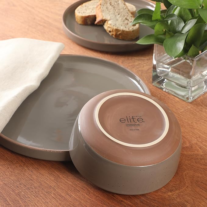 Gibson Elite Northrock Stoneware Dinnerware Set 12-Piece Service for 4 Plates and Bowls Set – Gray Dishes with Hand-Painted Terracotta Base
