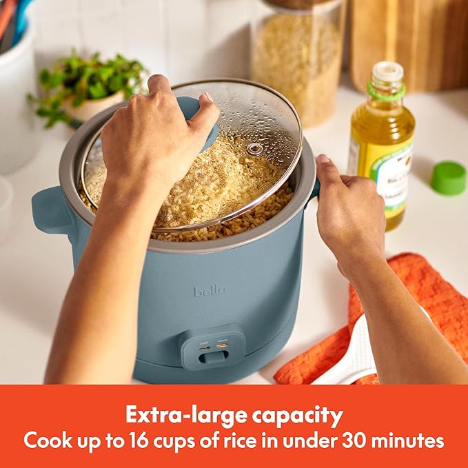 bella 16 Cup Rice Cooker with Steamer Dishwasher Safe Steaming Basket Rice Paddle and Measuring Cup Removable Nonstick Cooking Bowl Automatic Keep Warm Function 400 Watt Surf