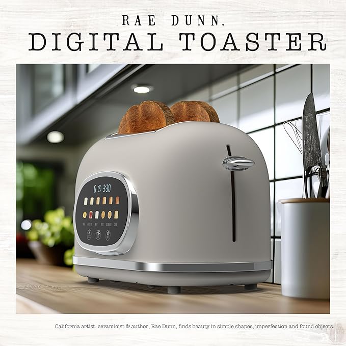 Rae Dunn Retro Digital Electric Toaster 2 Slice Stainless Steel Toaster With Touchscreen Countdown Timer 6 Shade Settings Wide Slots High Lift Lever Bagel Defrost &amp Reheat Digital Cream