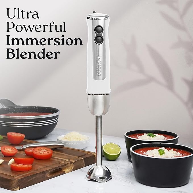 Zulay Immersion Stick Mixer Hand Blender - 800 Watts Turbo Mode 5-ft Power Electric Cord Handheld Portable Stainless Steel Blades - For Effortless Blending Smoothie Soup Baby Food Puree - White