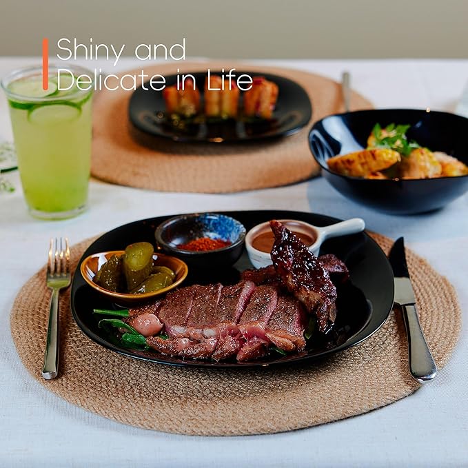 Square Dinnerware Sets for 4 12 Pieces Opal Glass Plates and Bowls Set Dishwasher and Microwave Safe Dish Dinning Ware Set Chip and Scratch Resistant Dishware Sets Black