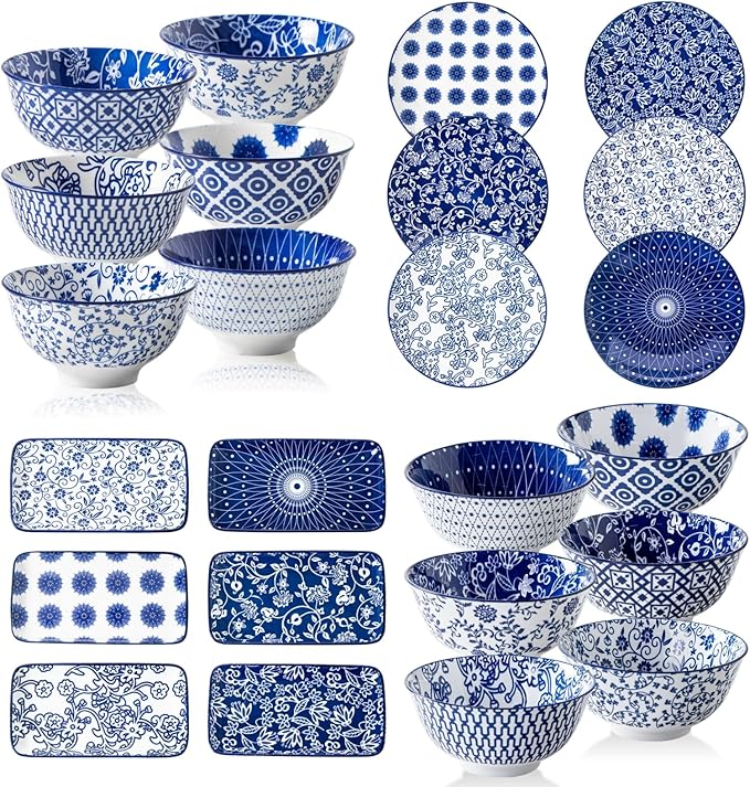 24 Pieces Ceramic Dinnerware - 12 Oz Dessert Bowls and 8.5 Inch Salad Plates and 24 Oz Cereal Bowls and 8.3 In Rectangle Serving Platters Sets - Service for 6 - Vintage Blue