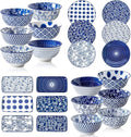 24 Pieces Ceramic Dinnerware - 12 Oz Dessert Bowls and 8.5 Inch Salad Plates and 24 Oz Cereal Bowls and 8.3 In Rectangle Serving Platters Sets - Service for 6 - Vintage Blue