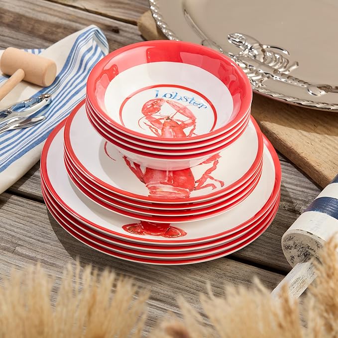 Beach House Lobster 12-Piece Melamine Dinnerware Set – Bold Coastal Charm Service for 4 Durable Lightweight and Dishwasher-Safe