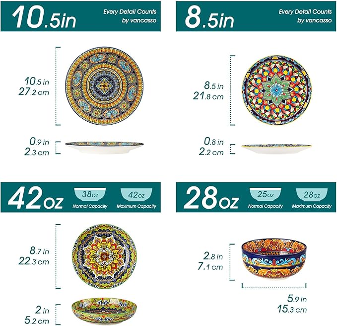 vancasso 24-Piece Dinnerware SetsPlates &amp Bowls Sets Service for 6 Bohemian Porcelain Dishes Set for 6 Kitchen Dinner SetMicrowave &amp Dishwasher Safe Scratch ResistantSeries KRVI