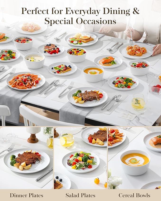 MALACASA 24 Pieces Gourmet Porcelain Dinnerware Sets Premium Plates and Bowls Set High-Fired Ceramic Dishes Set for 8 Chip &amp Scratch Resistant Microwave Dishwasher Safe White Series LEXI