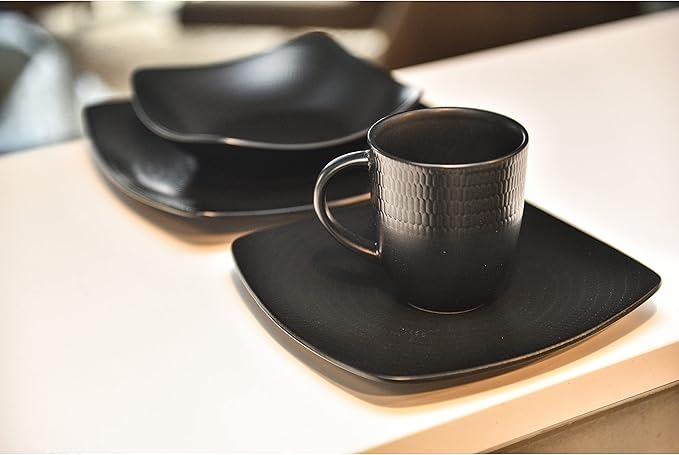 Unknown1 Black Rice 16-Piece Dinnerware Set Textured Casual Modern Contemporary Round Stoneware 6 Piece Dishwasher Safe Microwave
