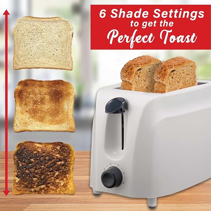 Cool Touch 2-Slice Toaster with 6 Browning Settings Auto-Centering Guides Crumb Tray &amp High Lift – White Compact Toaster for Bread Pastries and Waffles