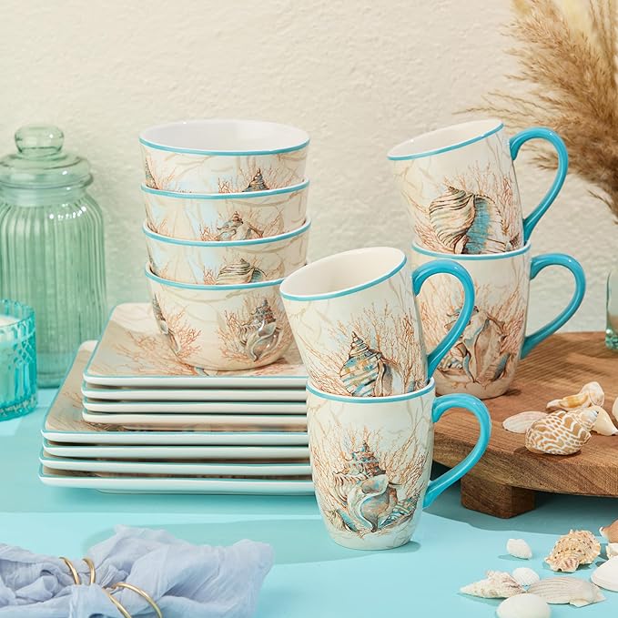 Escape to the Sea 16-Piece Dinnerware Set Coastal Shell &amp Coral Design Aquatic Hues Durable Ceramic Microwave &amp Dishwasher Safe Elegant Nautical Dining Décor