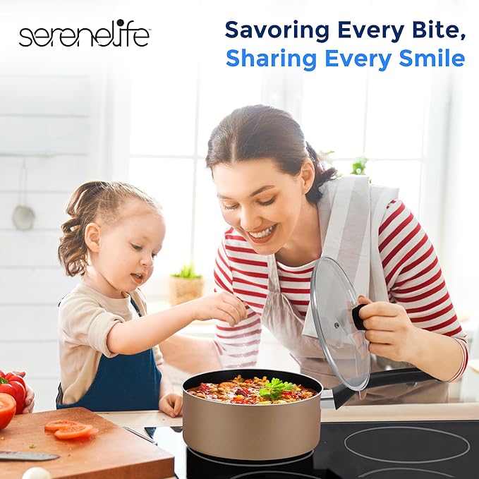 SereneLife 6-Piece Pots and Pans Set – Nonstick Cookware Black Coating Heat-Resistant Dishwasher safe Includes Fry Pans Saucepans with Lids Color Gold