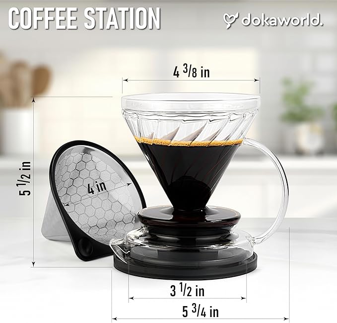 Pour Over Coffee Maker – Borosilicate Glass Dripper with Stainless Steel Reusable Filter Manual Eco Brewer Plastic-Free Non-Toxic Coffee Station Innovation Infuser for Daily Brewing