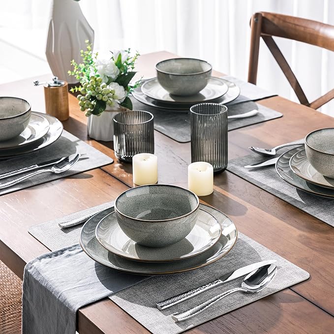 GBHOME 24 Pieces Ceramic Dinnerware Sets for 6 Stoneware Plates and Bowls Set with Reactive Glaze Scratch Resistant Stoneware Dishes Set Dishwasher &amp Microwave Safe