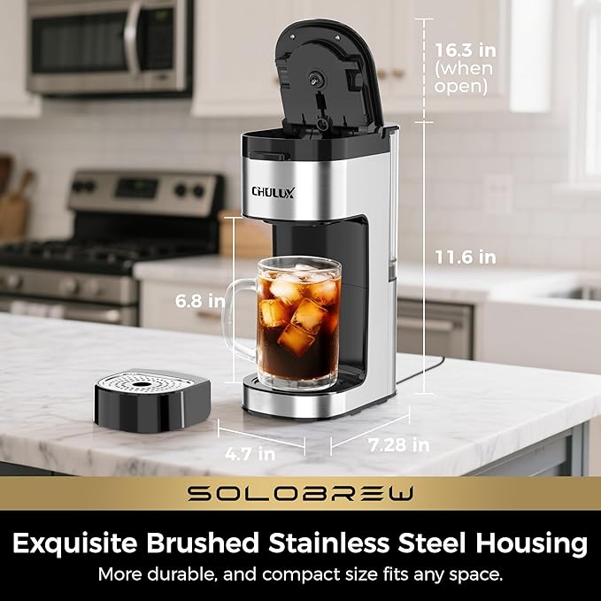 CHULUX SoloBrew Single Serve Coffee Maker for K Cup and Ground 3 Brew Sizes with Strong Button &amp Over Ice Feature 14oz Removable Reservoir for Home Travel RV Office and Dorm