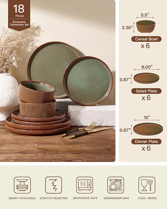 Stoneware Plates and Bowls Dishes Sets Service for 6 (18-Piece) Famiware Premium Handcrafted Reactive Glaze Dinnerware Set with Raised Rim Scratch Resistant Microwave Dishwasher Safe Moss Cocoa