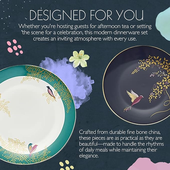 Sara Miller London Chelsea 12 Piece Dinnerware Set - Fine China Plates &amp Bowls Featuring Vibrant Birds &amp Floral Art for Afternoon Tea or Dining - Elegant Gift Box with Full Place Settings