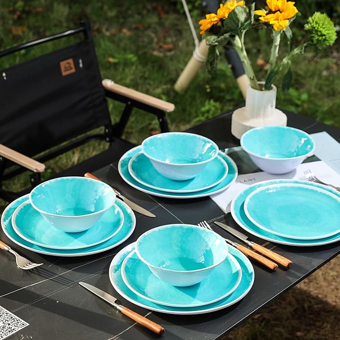 Melamine Dinnerware Sets 12 Pcs Melamine Plates and BowlsParty Plates and Bowls Sets Camping Dishes Set for 4 Unbreakable BPA Free Dishwasher Safe （Lake Green）