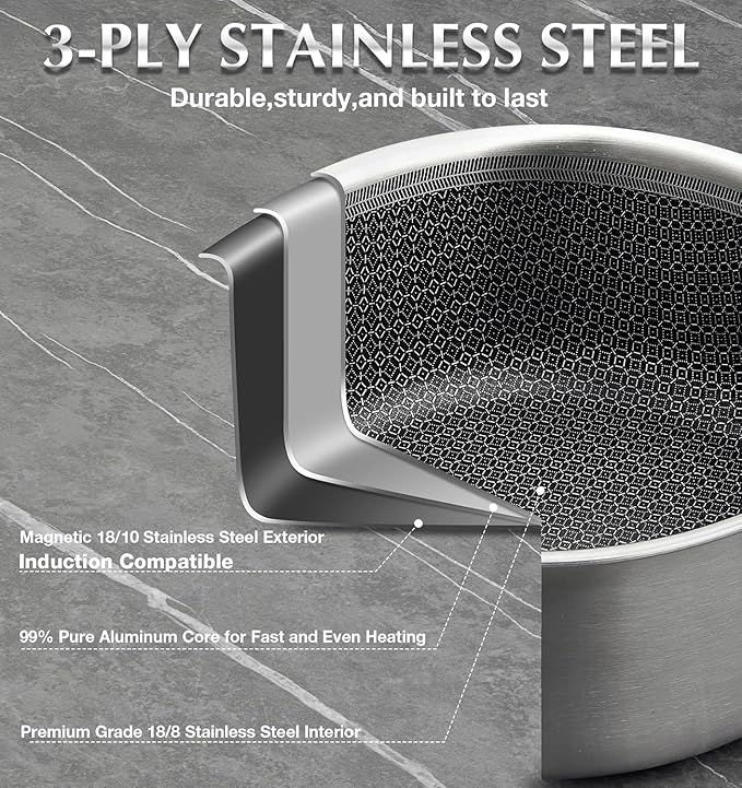 KOCH SYSTEME CS Triply Stainless Steel Cookware Set 10PCS Nonstick Hybrid Pots and Pans Set Nontoxic Kitchen Cookware Set with Honeycomb Interior Pots and Pans Set Non Stick Induction Compatible