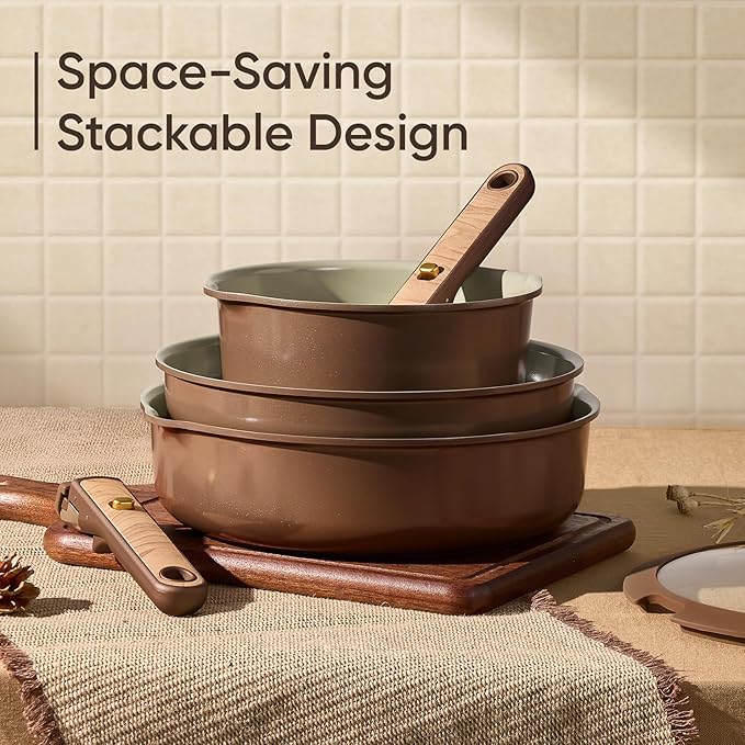 CAROTE 19PCS Ceramic Nonstick Cookware Set Pots and Pans Set with Detachable Handle PFAS-Free Non-Toxic Induction &amp Oven Safe Stackable Space-Saving Pistachio Green