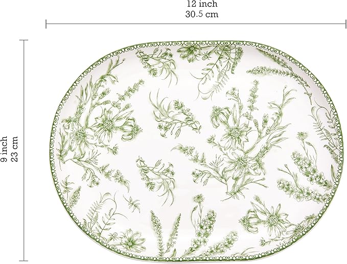 Bico Green Garden Toile De Jouy 16 plus 12 inch Oval Platters Set Set of 2 Microwave and Dishwasher Safe for Serving Fish Chicken Turkey