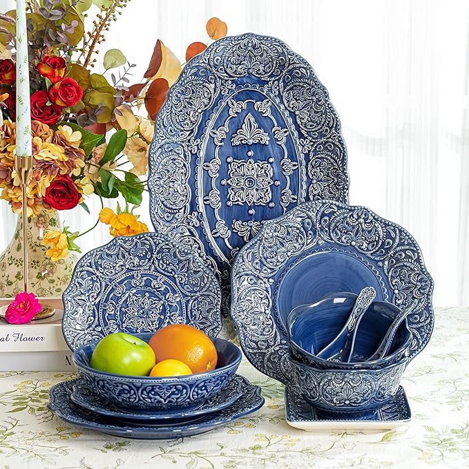Sungmor Embossed Stoneware Fine Dining Dinnerware Antique Baroque Style Porcelain 6 Inch (20 oz) Flower Shape Bowls Set of 4 Sophisticated Ceramic Bowls for Soup Cereal Oatmeal Rice Pasta Salad