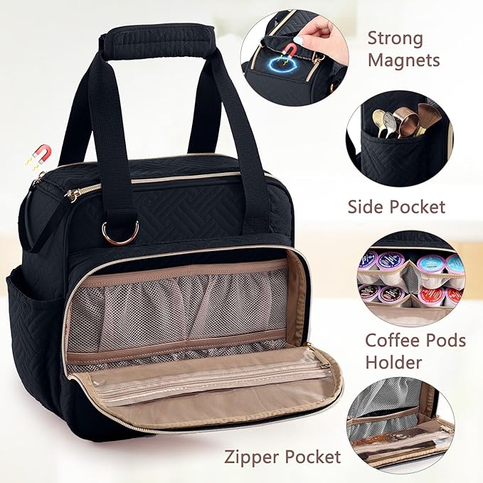 BAGSPRITE Coffee Maker Travel Bag Compatible with Keurig K-Mini Mate Full Open Carrying Case with Quilted Padded Soft Microfiber K--Cup Single Serve Coffee Maker Bag with Pod Organizer Mug Pockets