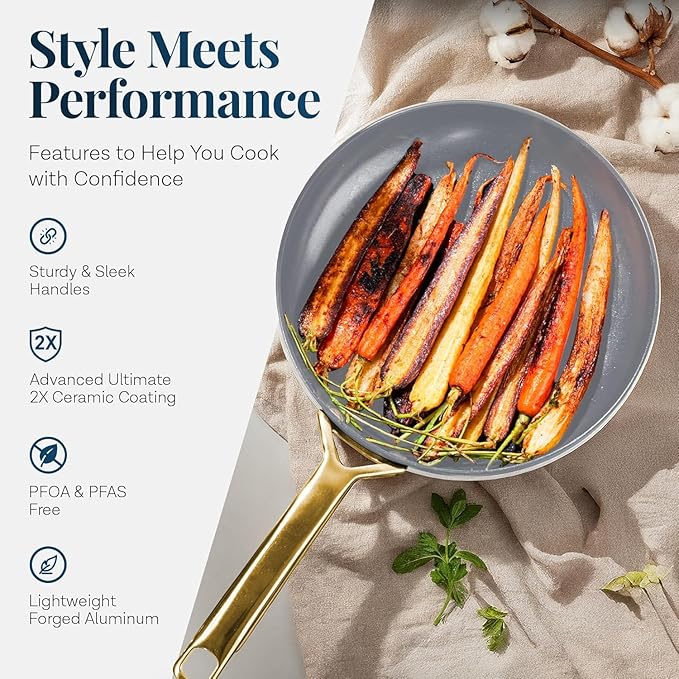 Gotham Steel Modern 11 Pc Ceramic Cookware Set Elegantly Designed Pots and Pans Set Non Stick with Steamer Induction Bottom Premium Stay Cool Handles Non Toxic PFOA Free Oven &amp Dishwasher Saf
