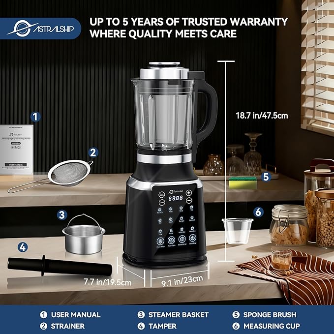 Blenders for Kitchen with Tamper 1500W Adjustable 26000-60000RPM High Speed Food Processors Stainle Black Glass jar blender with Keep Warm 14 Preset Functions &amp Auto Clean for Smoothies Soups M