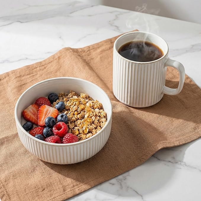 16-Piece Ribbed Ceramic Dishware Set Service for 4 Plates Bowls &amp Mugs Dinnerware Set for Kitchen Microwave and Dishwasher Safe - White