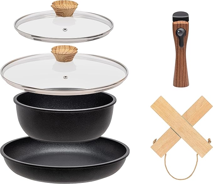 IRIS USA Non Stick Cast Aluminum Fry Pans with Removable Handles and Collapsible Wood Trivet - 6 Piece Kitchen Cookware Sets Round