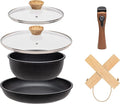 IRIS USA Non Stick Cast Aluminum Fry Pans with Removable Handles and Collapsible Wood Trivet - 6 Piece Kitchen Cookware Sets Round