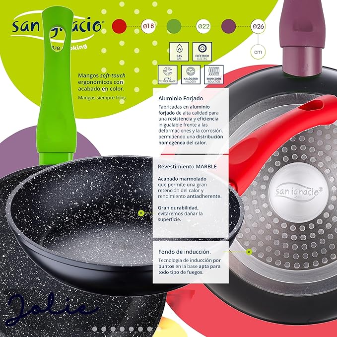 Kitchen Battery 7 Pieces SAN IGNACIO Faro Stainless Steel with pan Set (18/22/26 cm) SAN IGNACIO Jolie in Forged Aluminum