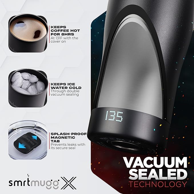 X Heated Coffee Mug 19 oz. 8 Hour Battery Life Self-Heating Adjustable Temp Controlled LCD Screen One Button Temperature Adjustment Includes Cover with Magnetic Slider (Black) (Black)