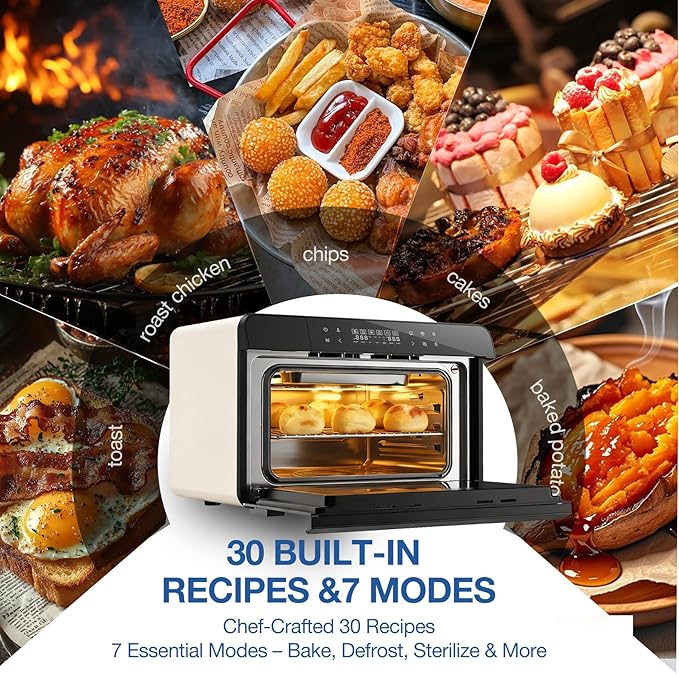 ROBAM Toaster Air Fryer Combi Oven Countertop Steam Oven 20-in-1 with Convection Steam Roast &amp Bake Multi-Stage Cooking Self-Clean 7 Modes 30 Built-In Recipes for Kitchen Pizza Baking (White