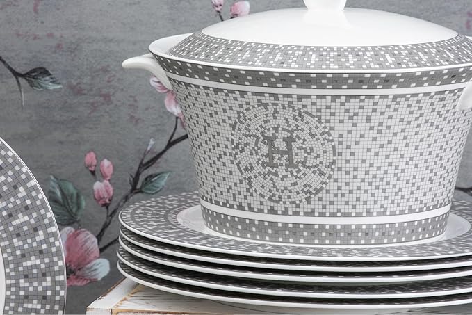 44 Piece Bone China Dinnerware - Gorgeous Set for 6 - Mosaic Design with Silver Detailing - Dining Plates Bowls Tureen and Serving Pieces - For Everyday Dishes or Formal Occasion (44 Piece Set)