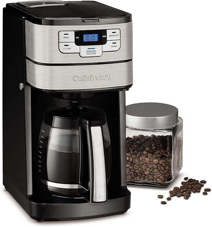 Cuisinart Automatic Grind &amp Brew 12-Cup Coffee Maker with Blade Grinder Programmable Coffee Machine Glass Carafe with 1-4 Cup Setting Brew Pause Grind-Off Option DGB-400NAS Black/Stainless St